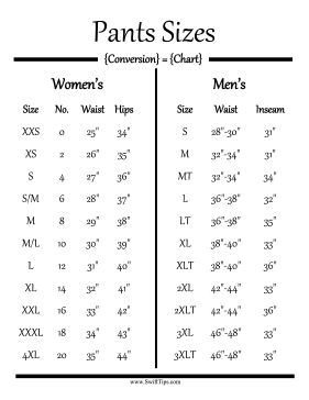 the size chart for women's pants sizes