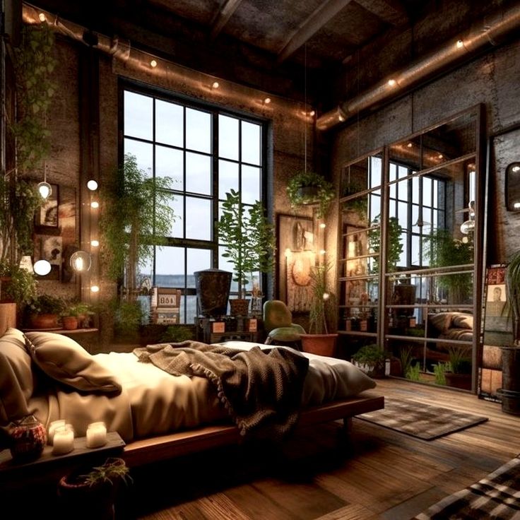 a bedroom with lots of windows and plants in it