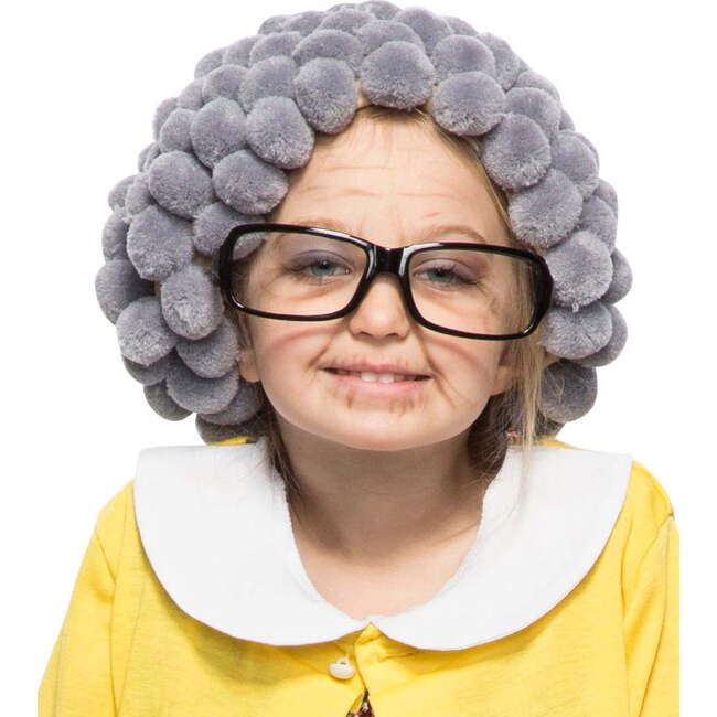 a woman wearing glasses and a wig with grey balls on it's head, looking at the camera