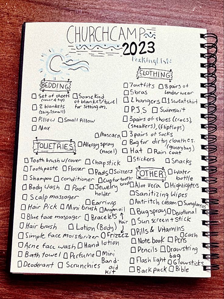 Church camp packing list (girl edition) What To Pack For Church Camp Teens, Christian Camp Packing List, Summer Church Camp Packing List, Winter Camp Packing List, What To Take To Church Camp, Outfit Ideas For Church Camp, Church Camp Instagram Captions, Things To Pack For Church Camp, Summer Camp Counselor Packing List