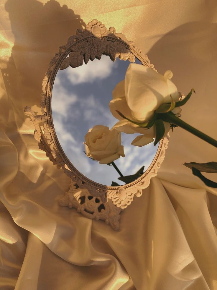 a mirror that has some flowers in it