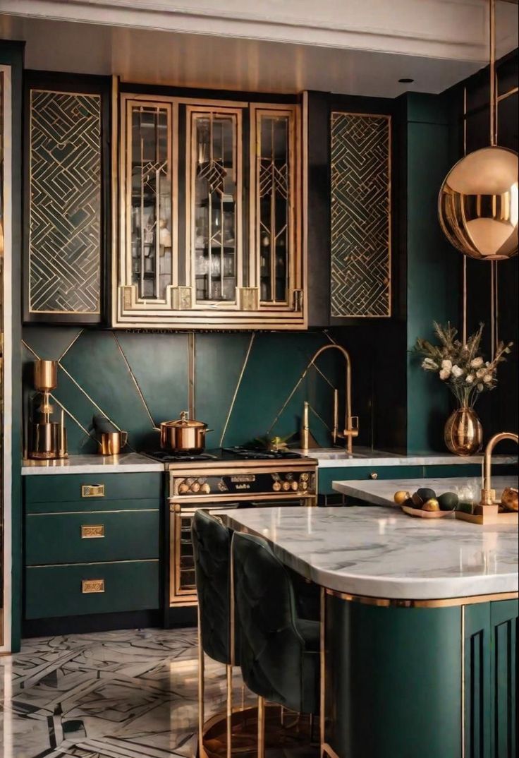 a green kitchen with gold accents and marble counter tops is pictured in this image from the magazine