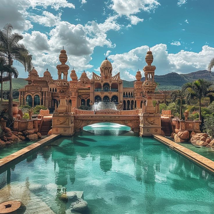 an elaborately designed building with a pool in the foreground