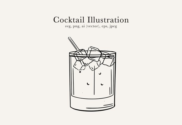 a drawing of a cocktail in a glass filled with ice and garnishes