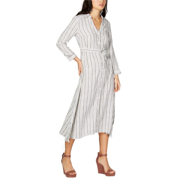 Step Into A Realm Of Sophistication And Charisma With The I-N-C Womens Striped Shirt Dress. Meticulously Designed, This Piece Effortlessly Marries The Classic Charm Of Stripes With The Modern Allure Of The Shirt Dress Silhouette. Made With A Blend Of 55% Linen And 45% Rayon, It Promises Breathability Paired With Undying Style. But That's Not All. Its Point Collar, Long Sleeves, And Tasteful Belt And Button Accents Elevate The Dress To A League Of Its Own. Perfect For Those Casual Outings Or Spec Chic Relaxed Fit Maxi Dress For Day Out, Elegant V-neck Relaxed Fit Shirt Dress, Chic Maxi Shirt Dress For Summer, Chic Maxi Length Shirt Dress For Summer, Chic Maxi Length Shirt Dress For Daywear, Relaxed Fit Rayon Dress For Work, Relaxed Fit Rayon Dresses For Work, Midi Length Rayon Shirt Dress For Day Out, Chic Spring Midi Shirt Dress