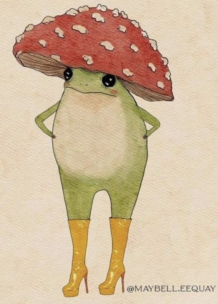 a drawing of a frog with a mushroom on its head