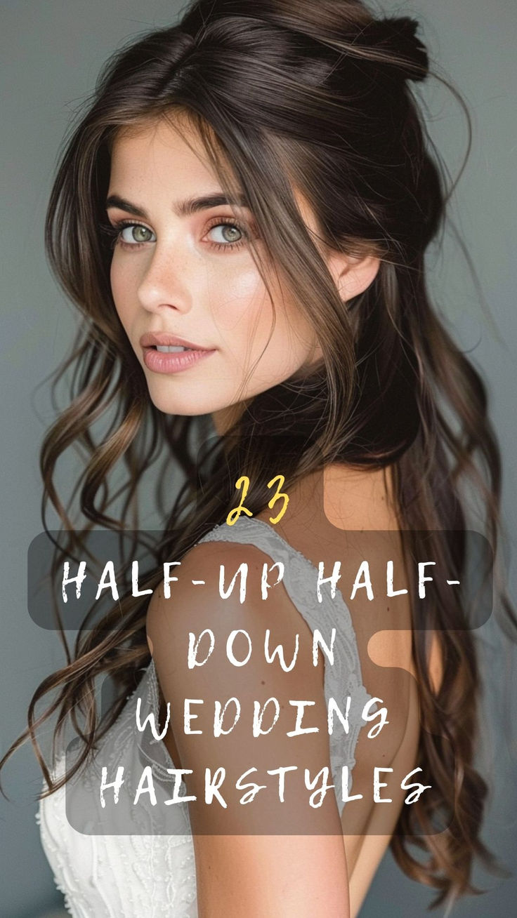 half up half down wedding hairstyles with text overlay that reads 23 half up half down wedding hairstyles