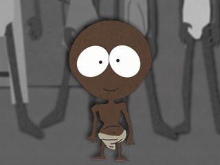 a cartoon character standing in front of several people