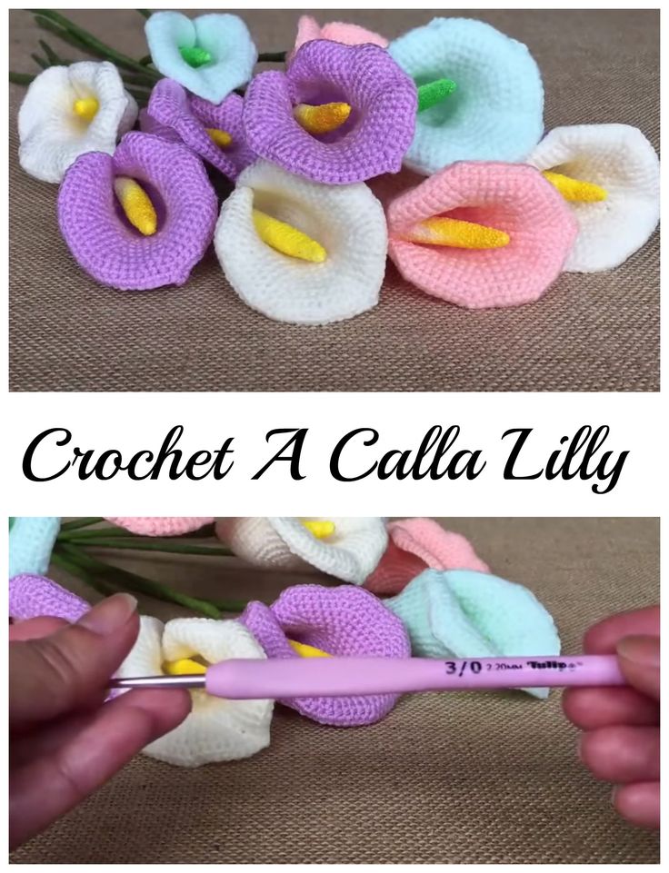 crochet a calla lily flower with pink and white flowers in the background