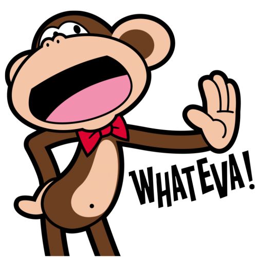 a cartoon monkey wearing a red bow tie and saying what's eva? with the words