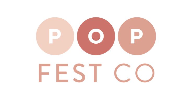 the words pop fest co are shown in pink and orange circles on a white background