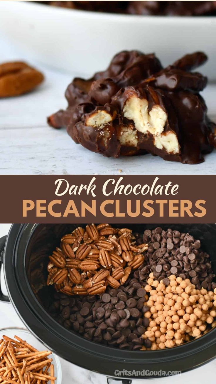 chocolate pecan clusters in a crock pot with the words, dark chocolate pecan clusters