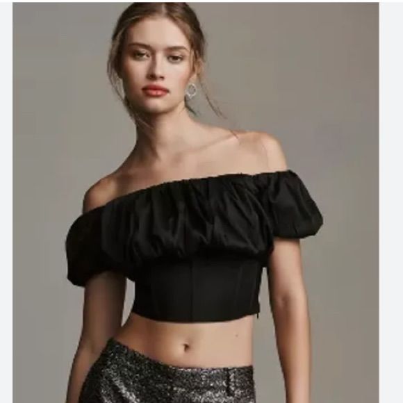 Brand New And In Perfect Condition Polyester; Rayon Lining * Side Zip * Hand Wash * Imported Dimensions * 11.75"L Ptp 16” Waist 15 1/2” Black Off-shoulder Top For Summer Party, Black Chic Cropped Off-shoulder Top, Chic Black Cropped Off-shoulder Top, Off-shoulder Crop Top For Night Out, Trendy Fitted Off-shoulder Top With Puff Sleeves, Elegant Puff Sleeve Crop Top For Party, Elegant Puff Sleeve Crop Top For Night Out, Summer Evening Tops With Puff Sleeves, Chic Off-shoulder Puff Sleeve Top For Summer