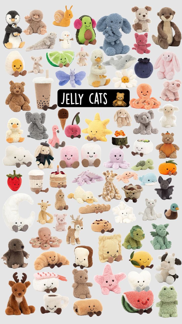 a bunch of stuffed animals that are all different colors and sizes, with the words jelly cats above them