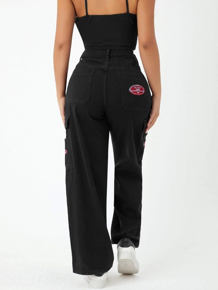 Unveil your fashion flair with our High Waist Pocket Side Wide Jeans. These cargo pants showcase a high waistline and a loose fit, creating a trendy and comfortable ensemble. The non-stretch denim fabric offers durability, while the zipper fly closure ensures easy wear. With a distinctive letter pattern and practical pockets, these tapered jeans are a versatile addition to your wardrobe. Details: Pattern Type: Letter Type: Tapered/Carrot Jeans Style: Cargo Pants Closure Type: Zipper Fly Waist Li Wide Leg Cargo Pants For Streetwear With Five Pockets, Non-stretch Casual Cargo Jeans For Streetwear, Trendy Non-stretch Cargo Jeans For Streetwear, Trendy Mid-rise Cargo Jeans For Streetwear, Trendy Full-length Cargo Jeans For Streetwear, Wide Leg Streetwear Cargo Pants, High Rise Black Cargo Jeans With Patch Pockets, High Waist Non-stretch Cargo Jeans With Pockets, Non-stretch High Waist Cargo Jeans