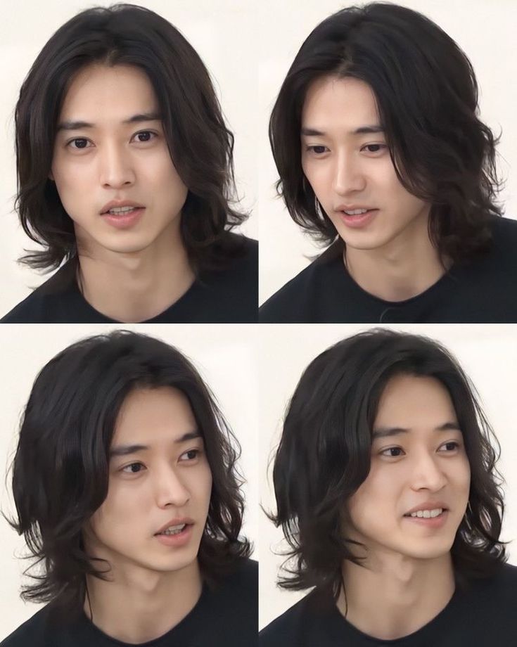 four different shots of a young man with long hair and black t - shirt looking at the camera