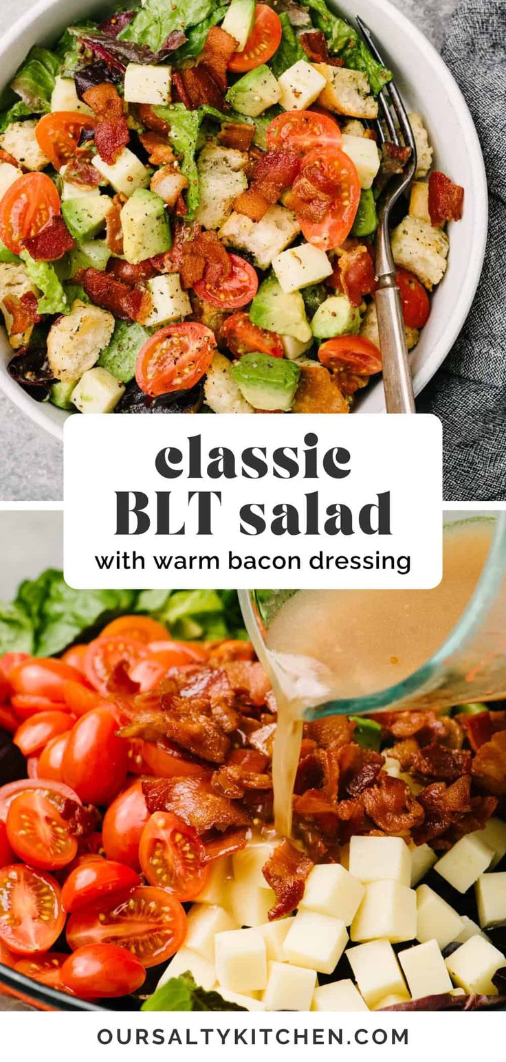 a salad with bacon and tomatoes is being drizzled with dressing on the side