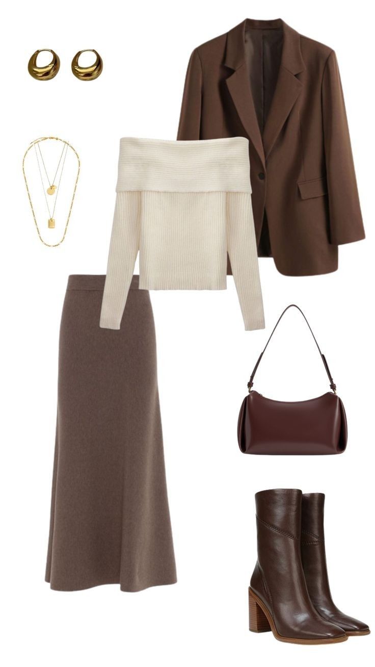 Feminine Blazer Outfit, Brown Skirt Outfit Winter, Winter Skirt Outfit With Boots, Blazer And Skirt Outfits, Capsule Wardrobe Casual, Winter Outfit Ideas, Everyday Fashion Outfits, Classy Work Outfits, Hijab Fashion Inspiration