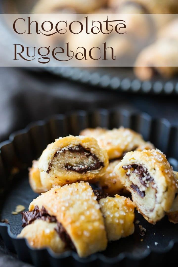 chocolate rugebaach in a black pan with the title above it