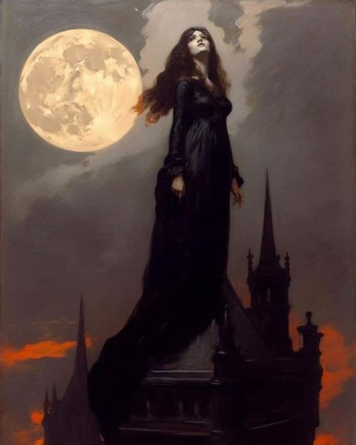 a painting of a woman standing on top of a building with a full moon in the background