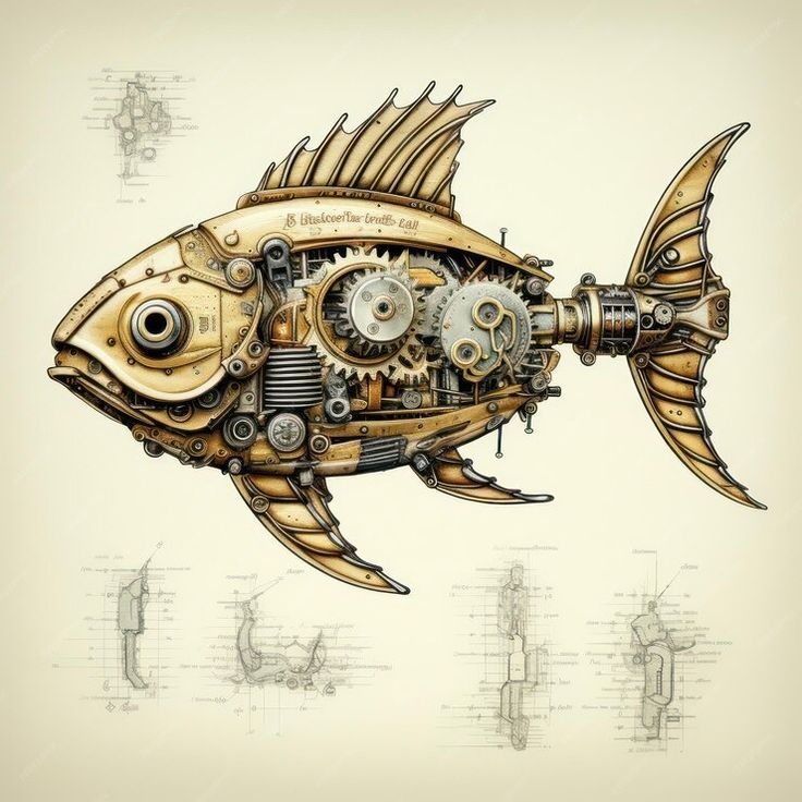 a drawing of a fish made out of mechanical parts