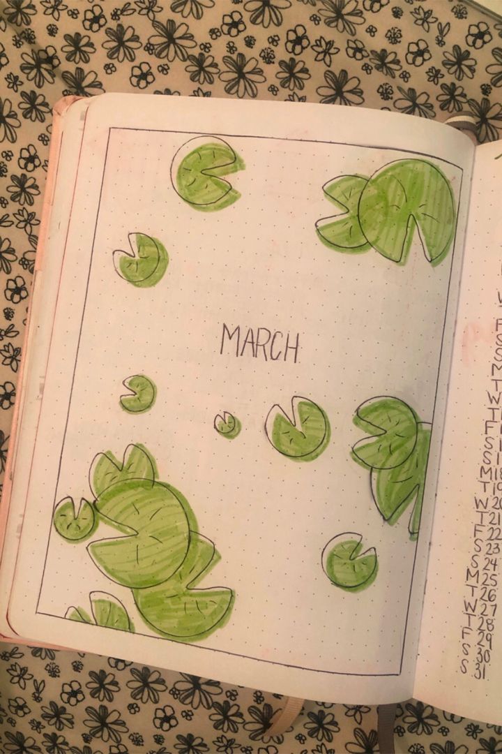 Spring, frog lily pad cover page for march in my bullet journal March Journal Cover Page, March Journal Spread, Cover Page Drawing Ideas, Spring Journal Page, Spring Bullet Journal Cover, Journal March Ideas, Bujo Frog Theme, March Reading Journal, March Journal Page