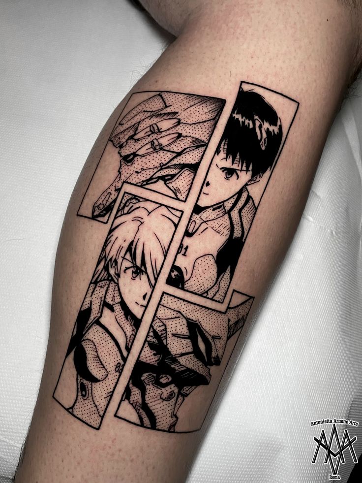 a man with a tattoo on his arm that has anime characters in the window behind him