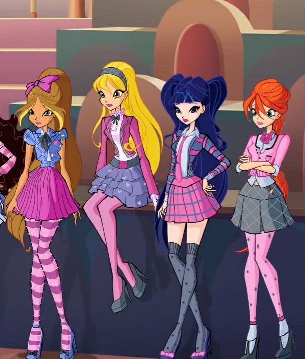 the four girls are all dressed up in different outfits