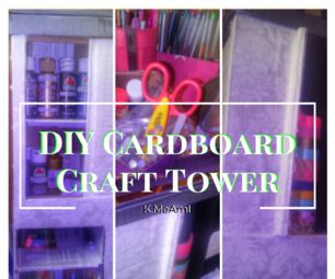 the words diy cardboard craft tower are overlaid with images of various items in it