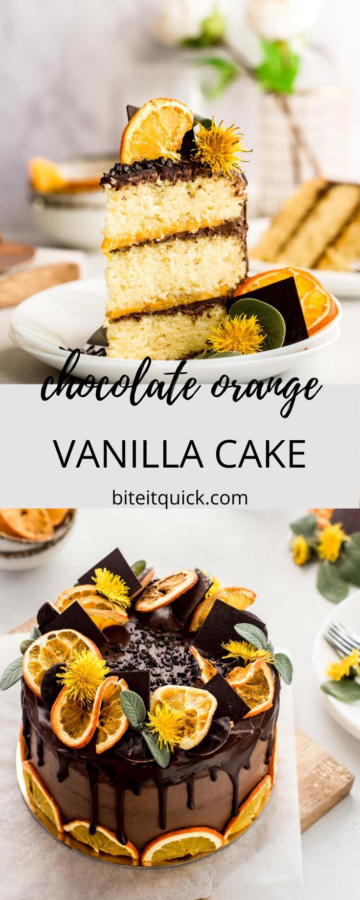 chocolate orange vanilla cake on a plate with the title above it that reads, chocolate orange vanilla cake