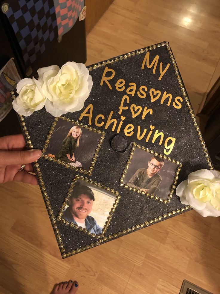 a graduation cap decorated with pictures and flowers on the side that says, my reason is for achieving