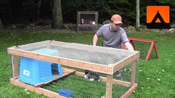 a man standing next to a small cage in the grass