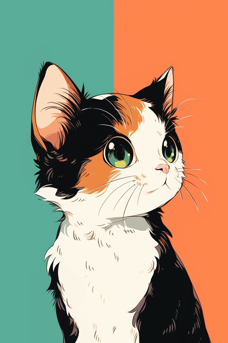 a black, white and orange cat sitting on top of a green and orange background