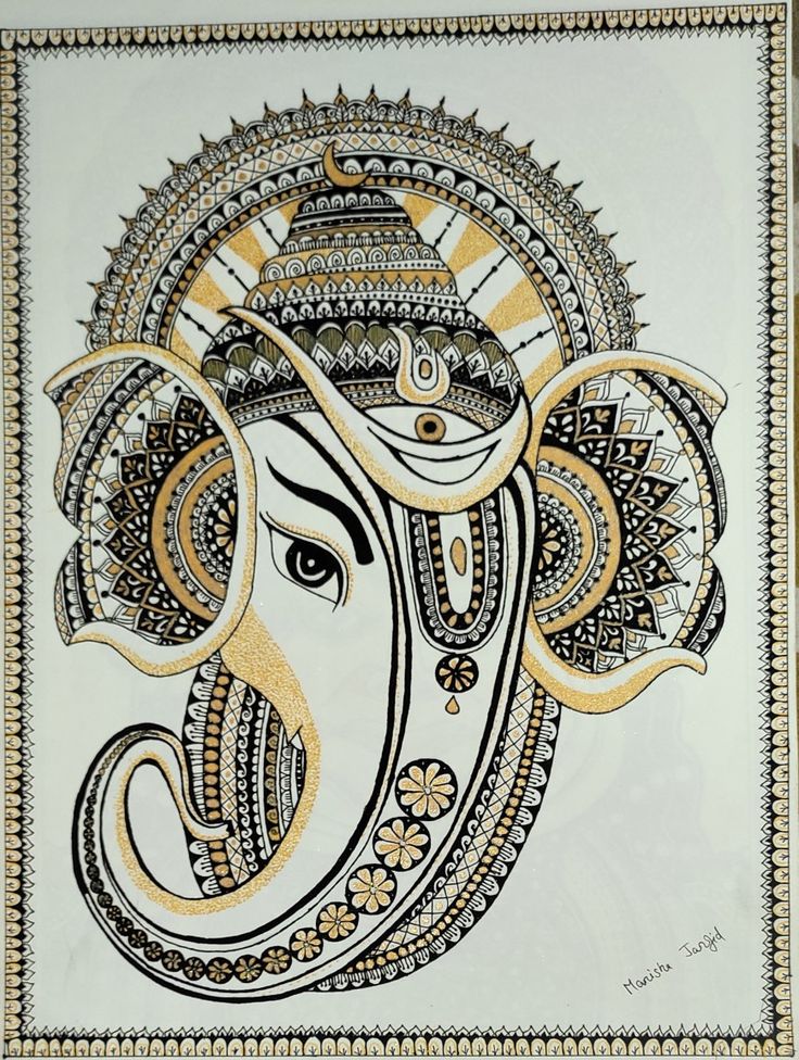 an intricately decorated elephant head on a white and yellow background with gold trimmings