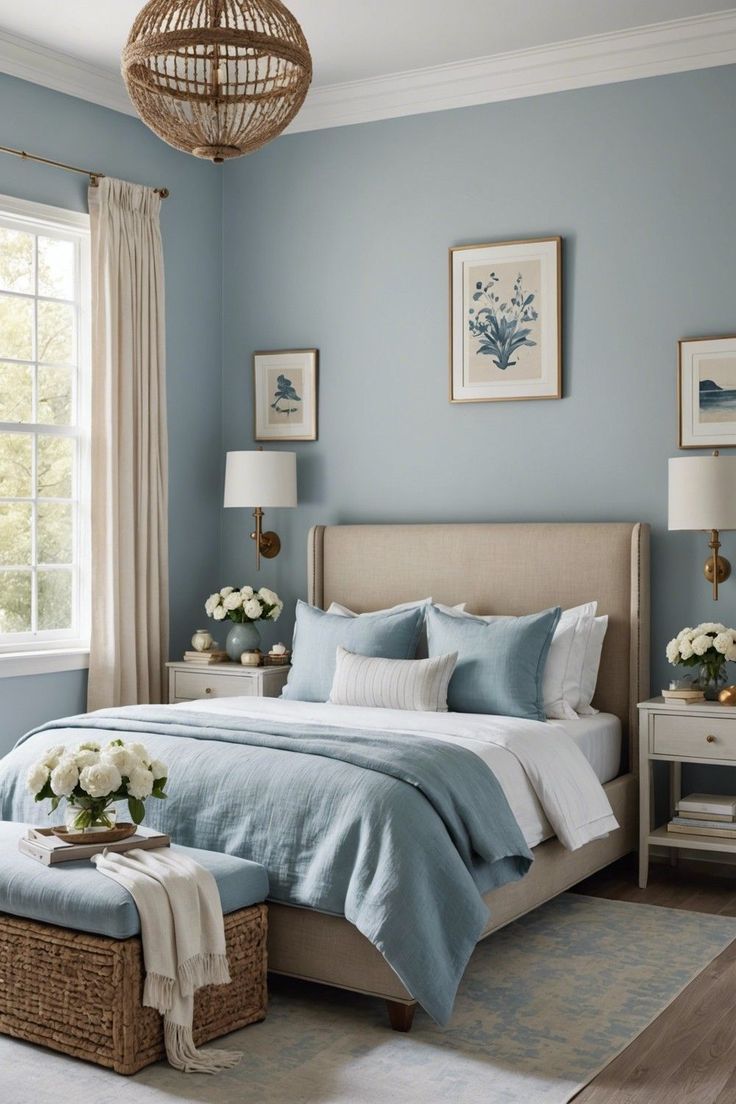 a bedroom with light blue walls and white flowers on the bed, along with wicker baskets