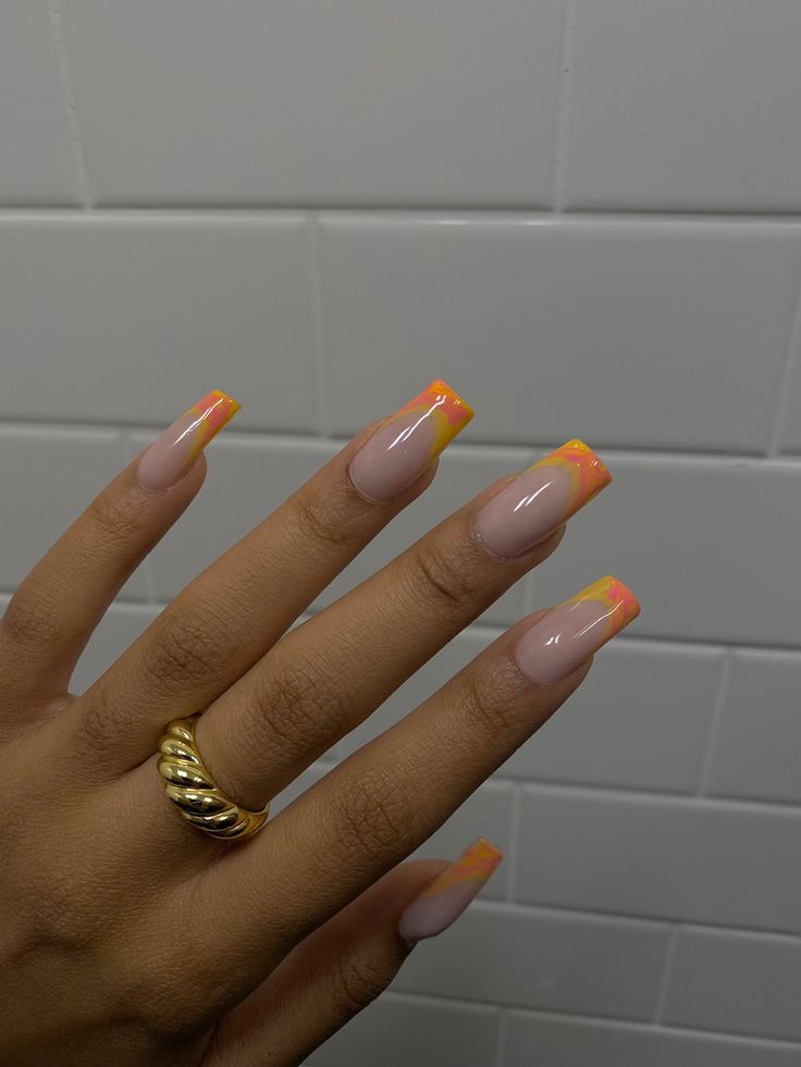 Yellow Orange French Tip Nails, Orange And Yellow French Tip Nails, Yellow Vacation Nails, Yellow French Tip Nails, Orange French Tip Nails, Orange French Tip, French Tip Pedicure, Nails After Acrylics, French Yellow