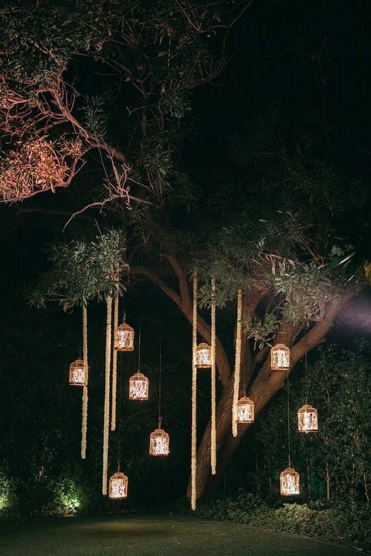 lanterns hanging from trees in the dark