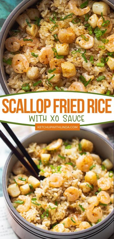 shrimp fried rice in a pan with chopsticks on the side and text overlay that reads, scallop fried rice with xo sauce