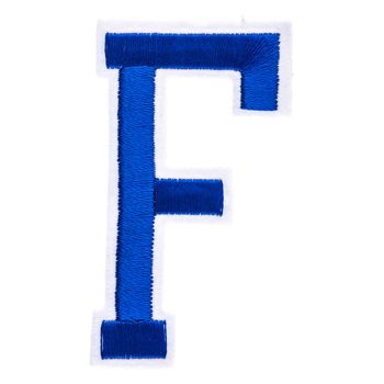 the letter f is made out of blue and white fabric with an embroidered font on it