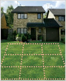 an image of a house with lawn mowers in the front yard that look like squares