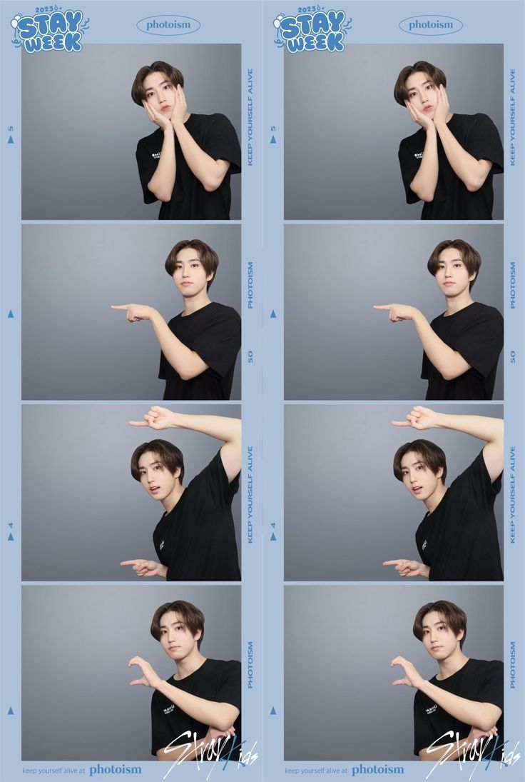 multiple pictures of a man making gestures with his hand and finger to the side while wearing a black t - shirt