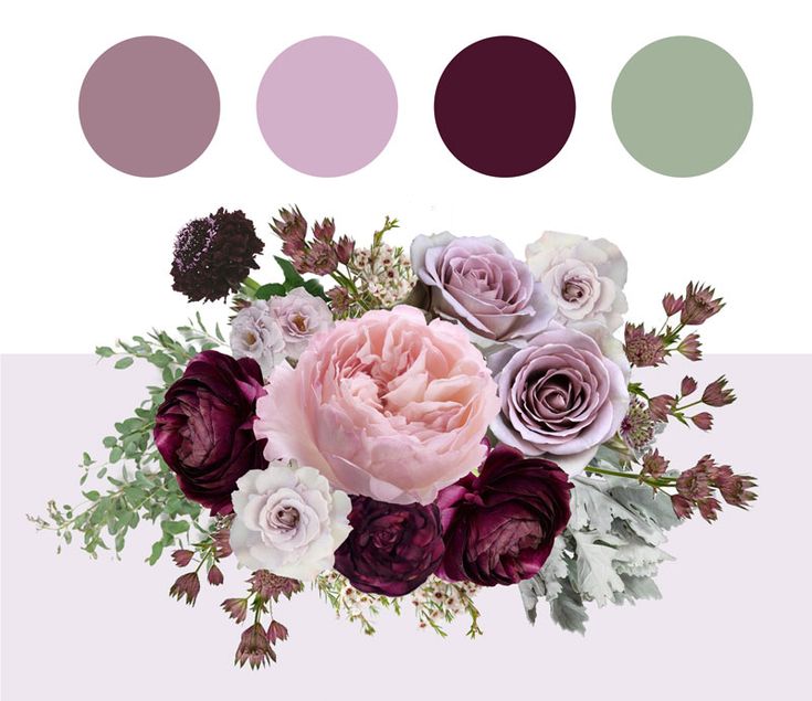 a bouquet of flowers with purple and white blooms in front of the color palettes