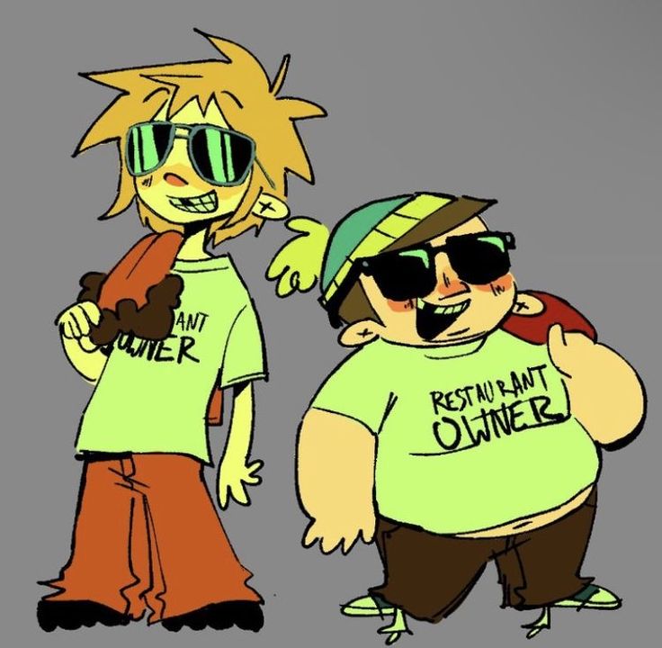 two cartoon characters one with sunglasses and the other wearing a shirt that says restaurant owner