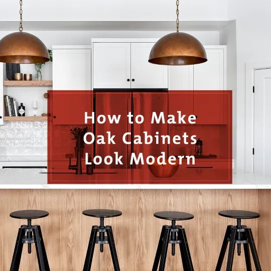 three stools in front of a kitchen counter with the words how to make oak cabinets look modern