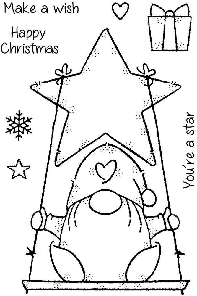 a black and white drawing of a christmas star with presents in the corner, on top of