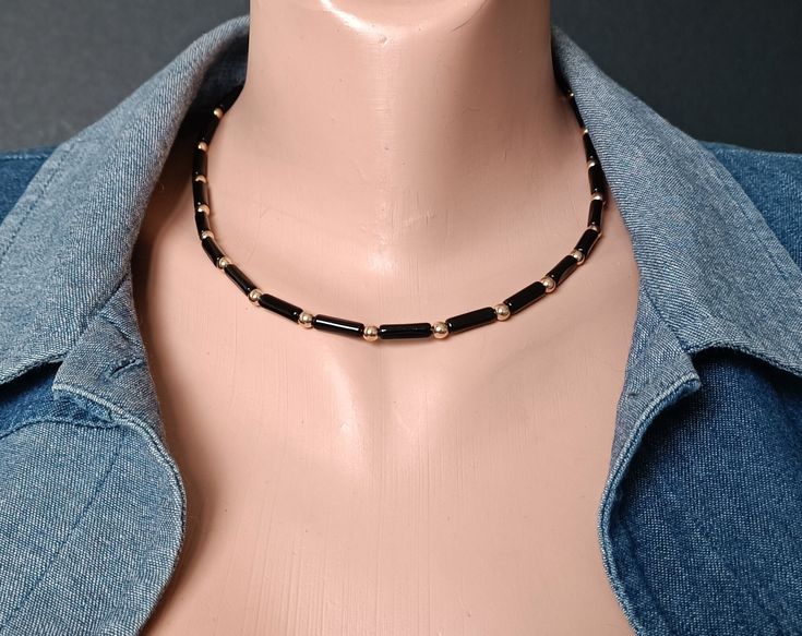 black onyx choker necklace details gold plating 14 K, jewelry unisex fashion style men gift, for him for her gift to father The length of +/- 17.3 inches (44 cm). Recommendations for care: Do not wet, do not drop, store in a dark box.  wear with pleasure. Classic Black Choker Jewelry, Modern Adjustable Black Choker, Modern Black Choker Jewelry, Black Everyday Choker Jewelry, Everyday Black Choker Jewelry, Minimalist Black Choker Jewelry, Black Onyx Choker Jewelry, Adjustable Onyx Choker Necklace, Minimalist Black Choker As A Gift