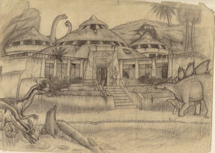 a drawing of dinosaurs in front of a house