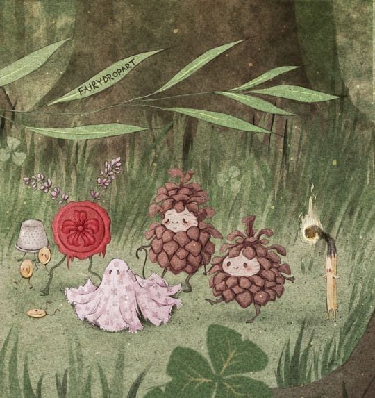 an image of some animals in the woods with leaves and flowers around them, one animal is looking at another