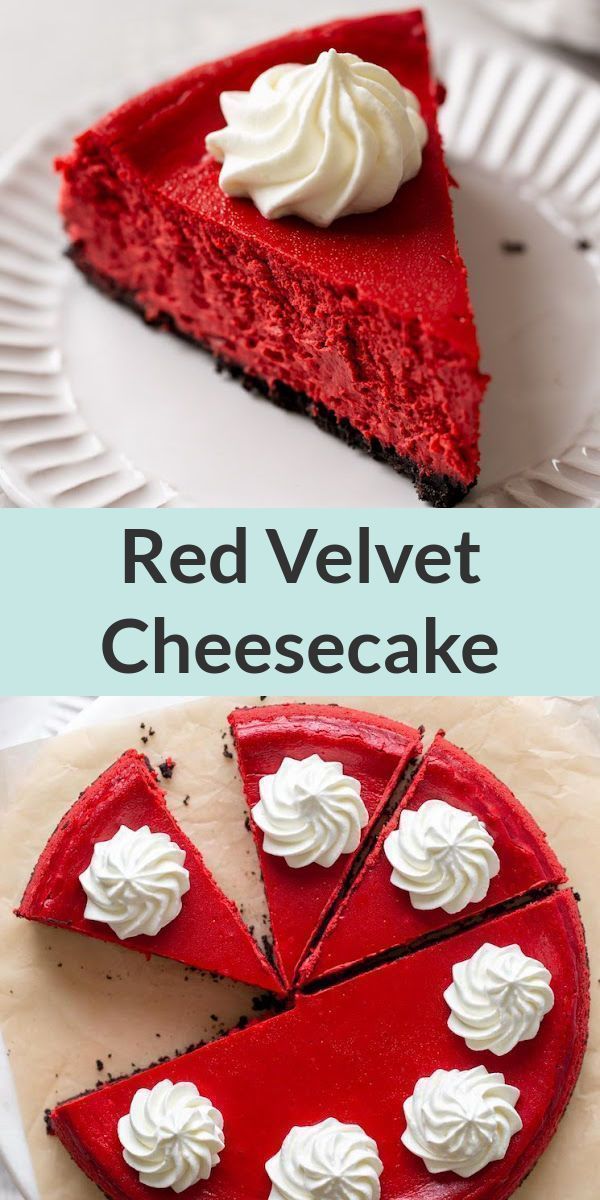 red velvet cheesecake with whipped cream on top and the same pie as it looks