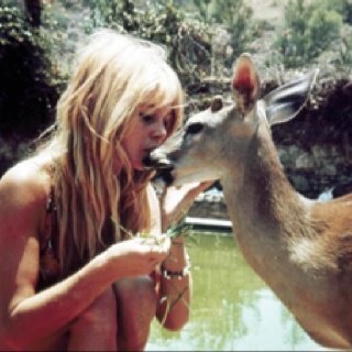 a woman is feeding a deer from her hand